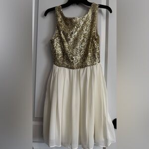B Darlin Gold and Cream Sequin Fit and Flare Prom Dress